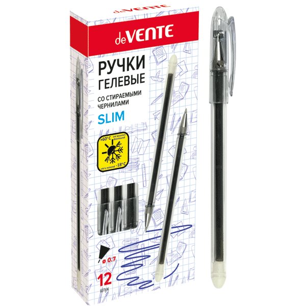 Ручка гелевая, стираемая "deVENTE. Пиши-стирай. Slim" d=0,7 мм, полупрозрачный черный корпус, с ластиком на конце корпуса, сменный стержень, индивидуа