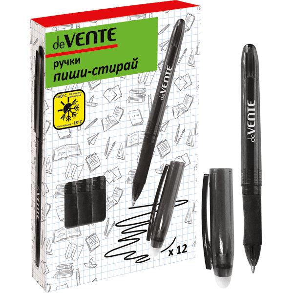 Ручка гелевая, стираемая "deVENTE. Пиши-стирай" d=0,7 мм, полупрозрачный черный корпус, с каучуковым держателем, с ластиком в колпачке, сменный стерже