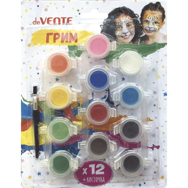 Набор для грима лица и тела "deVENTE", 12 классических цветов, кисточка 1 шт, на водной основе, 99 г, в блистерной упаковке с подвесом