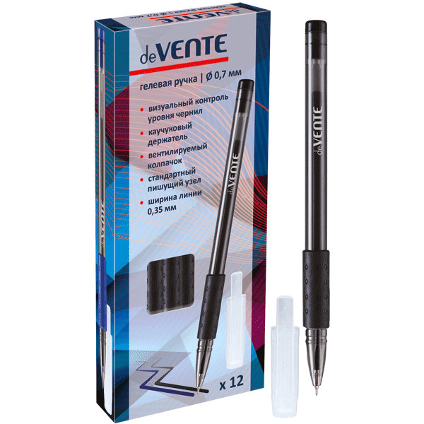 Ручка гелевая "deVENTE" d=0,7 мм, с прозрачным корпусом и резиновым держателем, индив. марк. черная