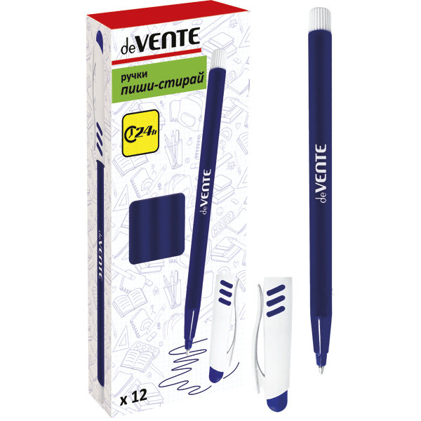 Ручка шариковая, стираемая ластиком "deVENTE. Stealth" d=0,7 мм, с полупрозрачным синим корпусом и каучуковым держателем, индивидуальная маркировка, с