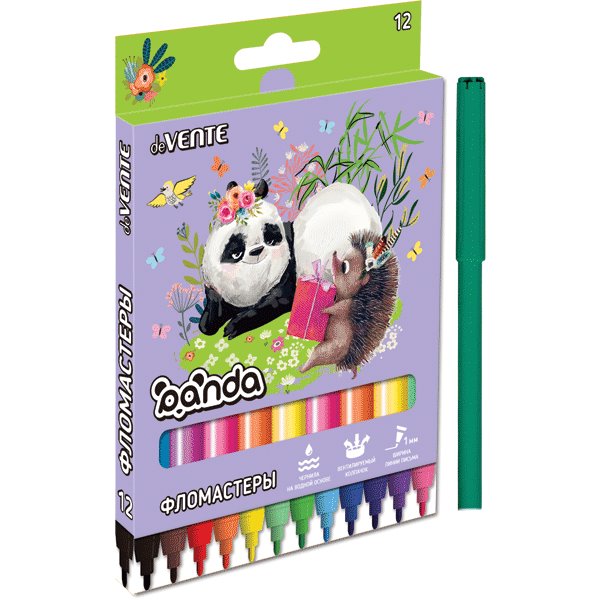 Фломастеры "deVENTE. Panda" 12 цветов с вентилируемым колпачком, в картонной коробке