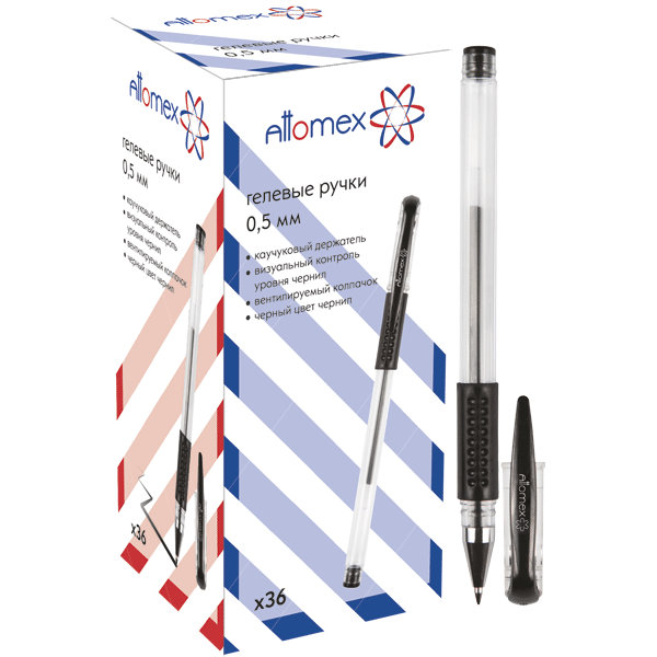 Ручка гелевая черная"Attomex"d=0,5mm.с прозрачным корпусом и резиновым держателем