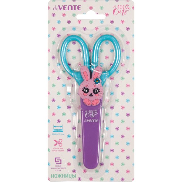 Ножницы детские "deVENTE. 100% Cute. Rabbit" 13,5 см, пласт. кольца, защитный футляр с каучуковым декоративным элементом, в картонном блистере