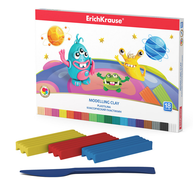 Пластилин классический ErichKrause Cosmic Monsters 18 цветов со стеком, 324 г (в коробке 18 шт)