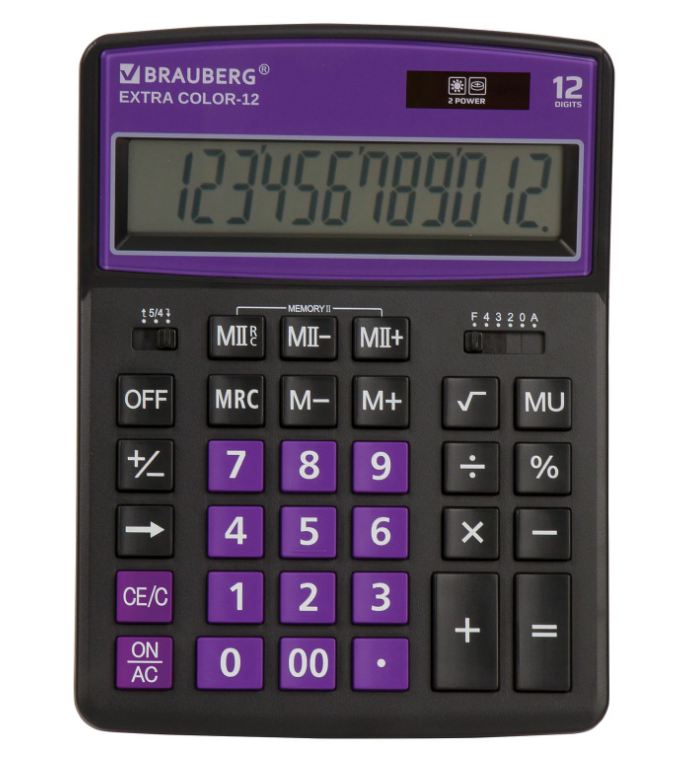 Калькулятор настольный BRAUBERG EXTRA COLOR-12-BKPR (206x155
мм),12 разрядов, двойное питание, ЧЕРНО-ФИОЛЕТОВЫЙ, 250480