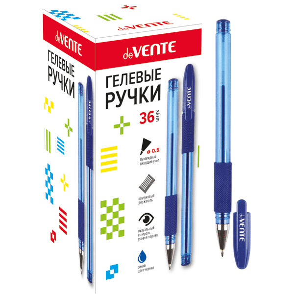 Ручка гелевая "deVENTE" d=0,5 мм, синяя, полупрозрачный корпус с металлическим наконечником и каучуковым держателем, сменный стержень, инд/маркировка