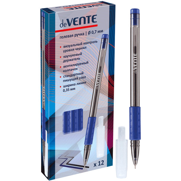 Ручка гелевая "deVENTE" d=0,7 мм, с прозрачным корпусом и резиновым держателем, индив/марк. синяя