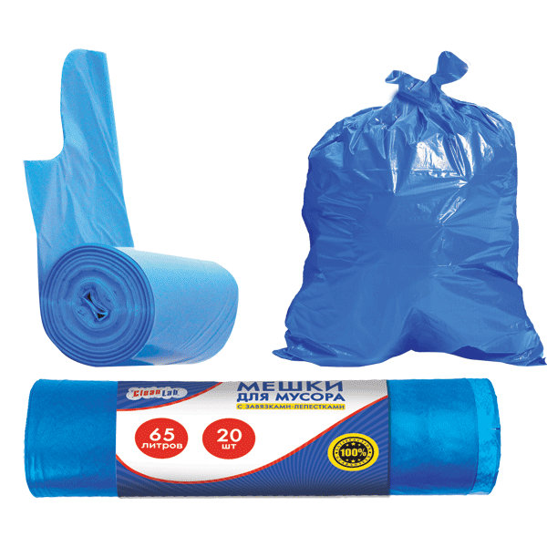 Мешки для мусора с завязками - лепестками "CleanLab" 65 л, 60x141 см (длина за 2 пакета), ПНД, 12 мкм, 20 шт/рулон, тип дна "звезда", синие