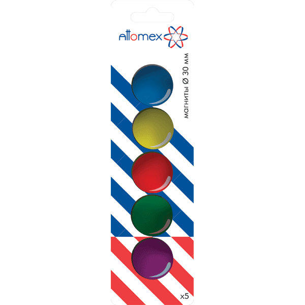 Магнит для доски офисной "Attomex" 30 мм, 5 шт, цвета ассорти, в картонном блистере