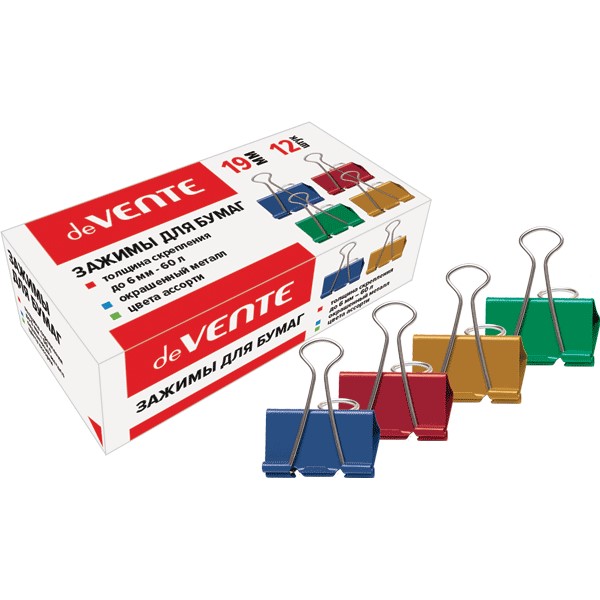 Зажим для бумаг "deVENTE" металлический (19 мм) толщина скрепления до 6 мм, цветной ассорти, 12 шт в картонной коробке