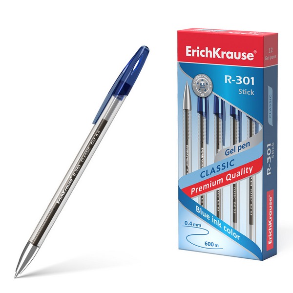 Ручка гелевая ErichKrause® R-301 Classic Gel Stick 0.5, цвет чернил синий (в коробке по 12 штук)