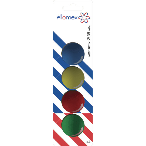 Магнит для доски офисной "Attomex" 35 мм, 4 шт, цвета ассорти, в картонном блистере
