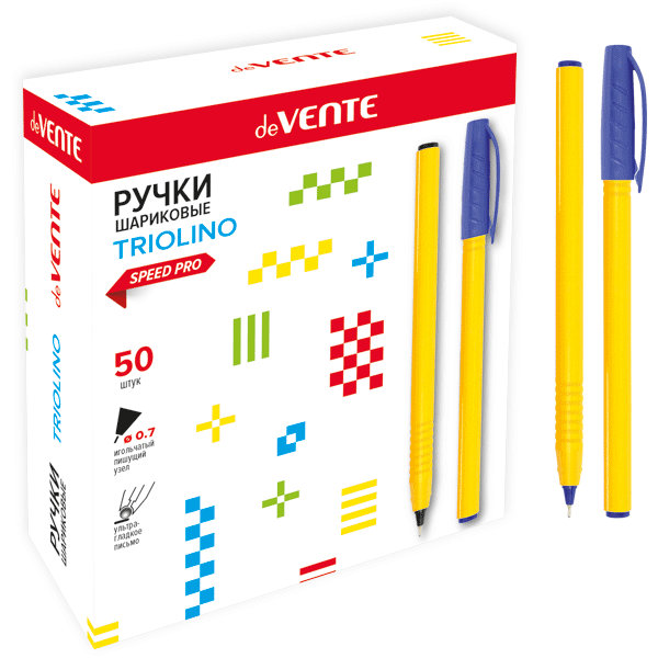 ОШ112 Ручка шариковая "deVENTE. Triolino Sun" серия Speed Pro, d=0,7 мм, ультра гладкое письмо, черн. на масл. основе, жёлт. трехгранный корпус, рифлё