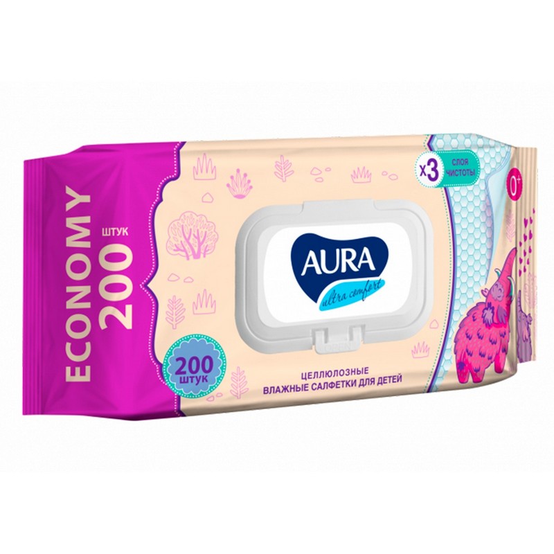 Влажные салф. AURA Ultra Comfort 200шт для детей с крышкой big-pack  *1/12