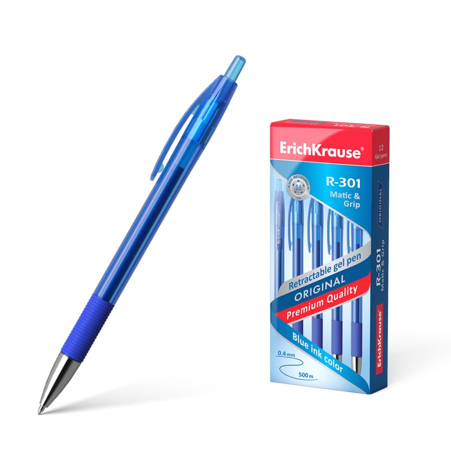 Ручка гелевая автоматическая ErichKrause® R-301 Original Gel Matic&Grip 0.5, цвет чернил синий (в коробке по 12 шт.)