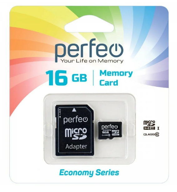 Карта памяти microSDHC [класс 10] 16 GB Perfeo+SD адаптер (PF16GMCSH10AES)