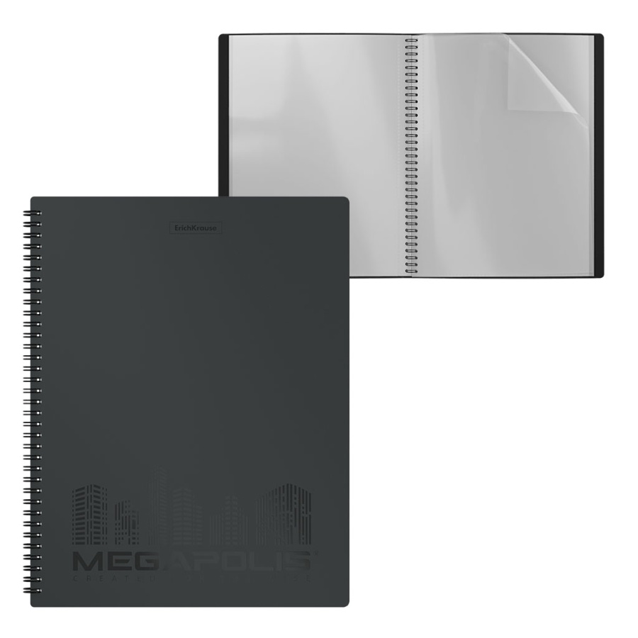 Папка файловая пластиковая на спирали ErichKrause® MEGAPOLIS, c 60 карманами, A4, черный (в пакете по 4 шт.)