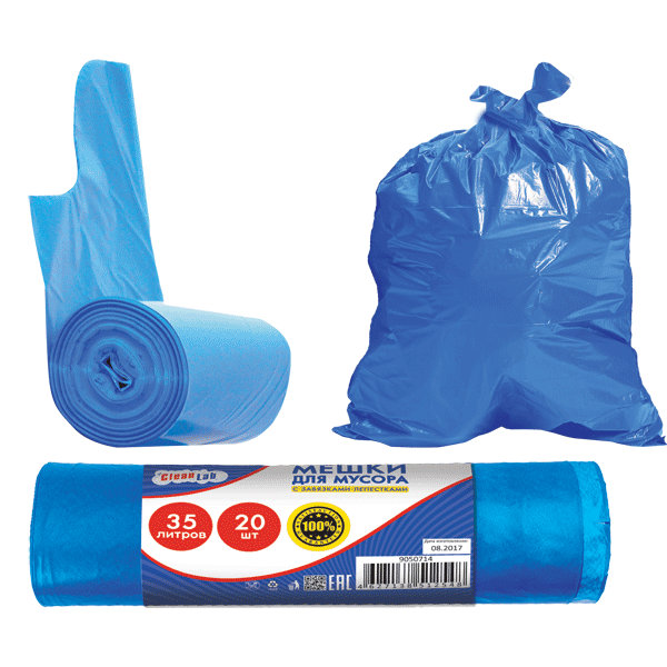 Мешки для мусора с завязками - лепестками "CleanLab" 35 л, 50x119 см (длина за 2 пакета), ПНД, 12 мкм, 20 шт/рулон, тип дна "звезда", синие