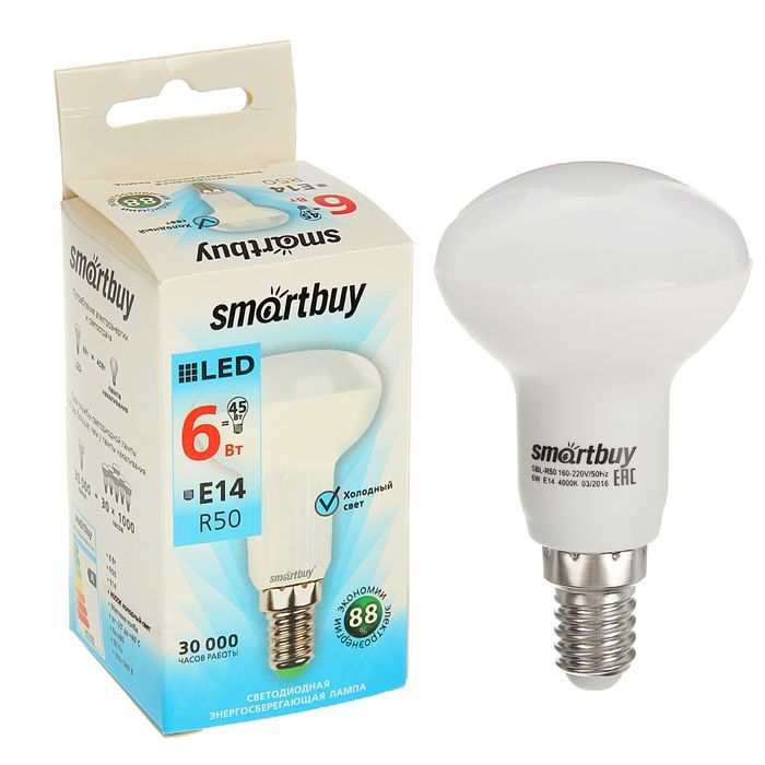 Лампа cветодиодная Smartbuy, R50, E14, 6 Вт, 4000 К, холодный белый 1943840