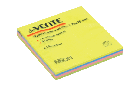 Клейкая бумага для заметок "deVENTE" 76x76 мм, 100 листов, офсет 75 г/м², 4 неоновых цвета